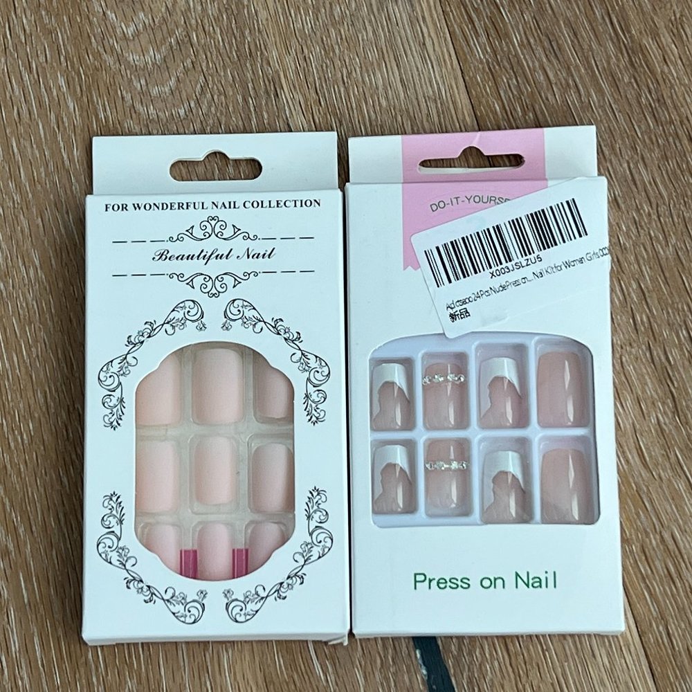 2 Packs Press On Nails Matte Pink Nails + French Mani Crystal Design NWT